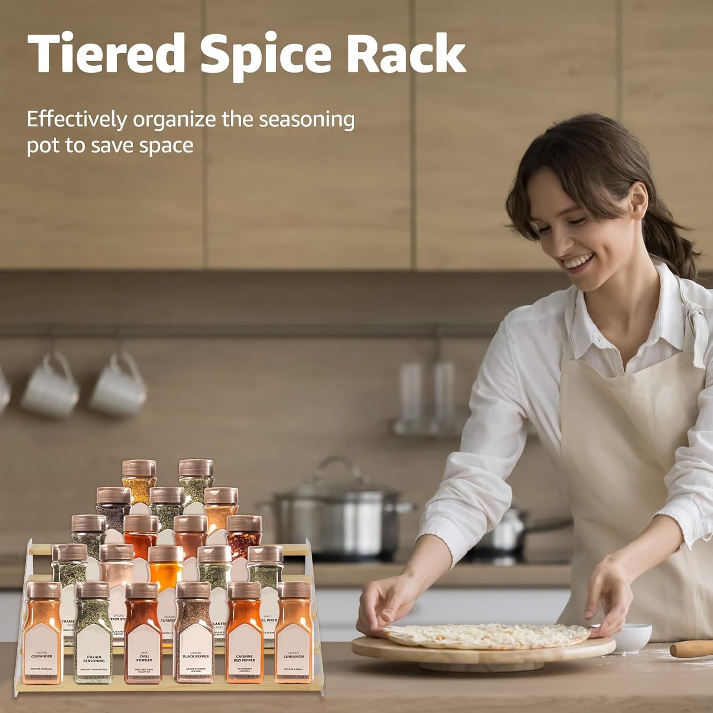 nianfeng Tiered Spice Rack, 5-Tier Spice Pantry Kitchen Cabinet Organizer, 19.9-Inch, Natural Wood Acrylic Stair Riser Stand, Countertop Seasoning Shelf