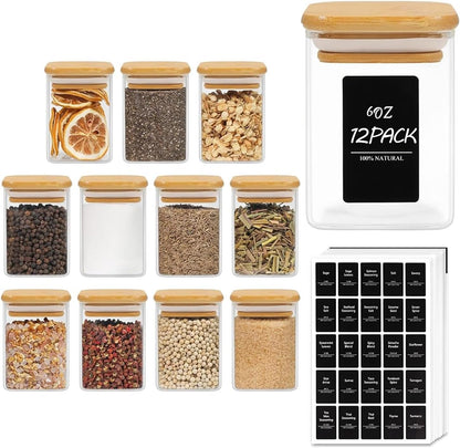 ComSaf Spice Jars with Labels 6 oz 12Pack, Small Spice Containers Starter Set, Glass Seasoning Jars with Lids, Square Seasoning Containers for Salt, Pepper, Chili Powder, Sugar, Ginger Ground, Cumin