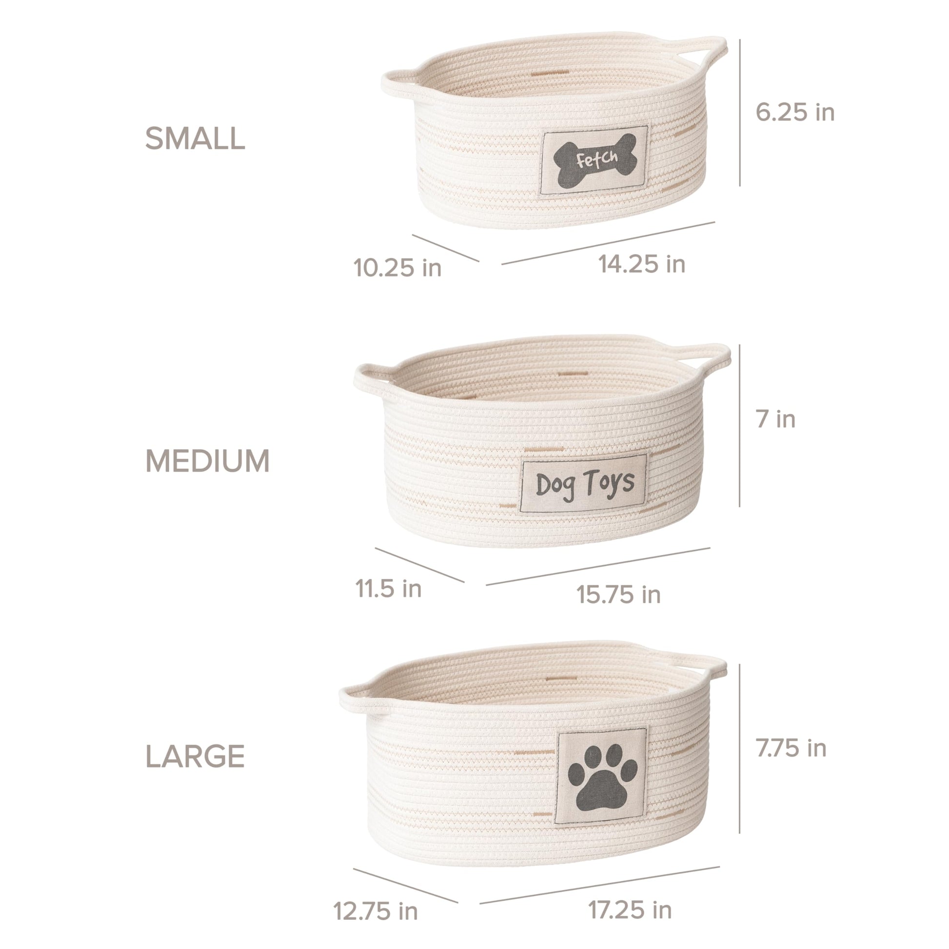 RGI Home Dog Toy Storage Baskets – Set of 3 Oval Fabric Rope Organizer Bins for Pet and Household