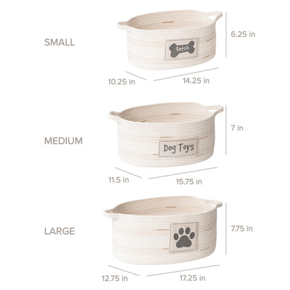 RGI Home Dog Toy Storage Baskets – Set of 3 Oval Fabric Rope Organizer Bins for Pet and Household