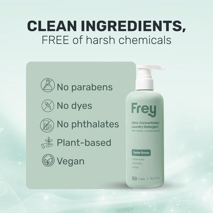 FREY Concentrated Liquid Laundry Detergent | Formulated for Sensitive Skin & HE Washers | Removes Stains Effectively | 50 Loads per Bottle (1-pack Cedar Grove)