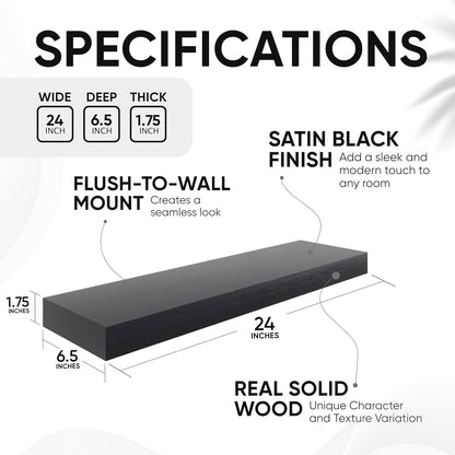 Homeforia Black Floating Shelves 24 inch, High End Solid Real Wood 24inch Bathroom Floating Shelf for Wall Mounted, Black Wooden 24in Floating Shelves, Heavy Duty Bracket, 24 X 6.5 X 1.75 in, Set of 4