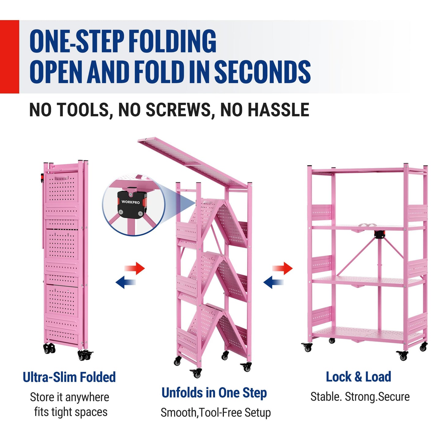 WORKPRO 4-Tier Folding Shelf, No-Assembly Metal Storage Rack with Wheels, 600 lbs Capacity (with