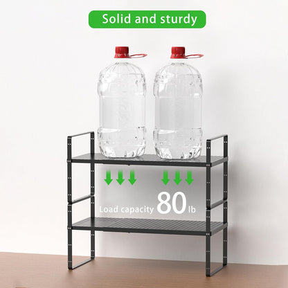 Expandable Cabinet Storage Shelf Stackable Organizer Rack for Kitchen Bathroom Pantry Spice Cupboard Coffee Countertop Home Office Desk Heavy Duty Nonslip Black Large 2 Packs