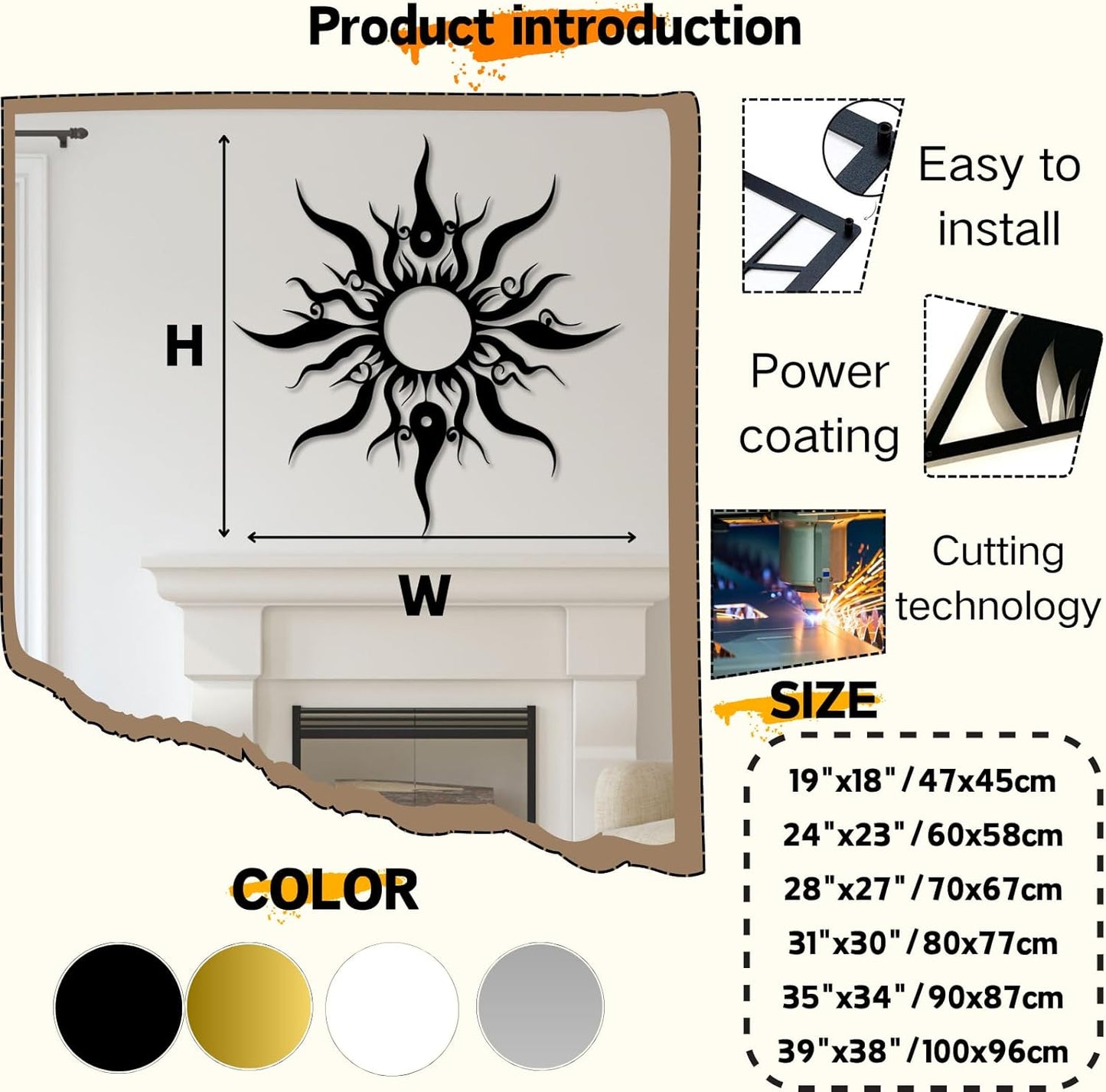 Hotuijxca Metal Wacky Sun Wall Art, Wacky Sun Metal Decor for Livingroom, Bedroom (Black, 35"x34"/90x87cm, metal wall art)