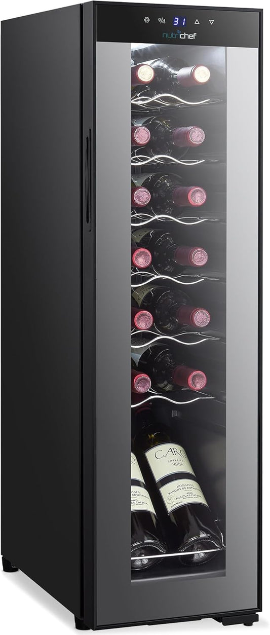 NutriChef Single-Zone Wine Cooler & Chiller – Digital Touch Control, Airtight Seal, 14-Bottle