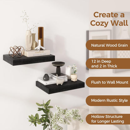 12 Inch Deep Black Floating Shelves, 16 x 12 Floating Shelf for Books, Rustic Wood Deep Wall Shelves for Home Storage & Display, 2" Thicked Shelves for Kitchen, Living Room, Bedroom, 2 Pack