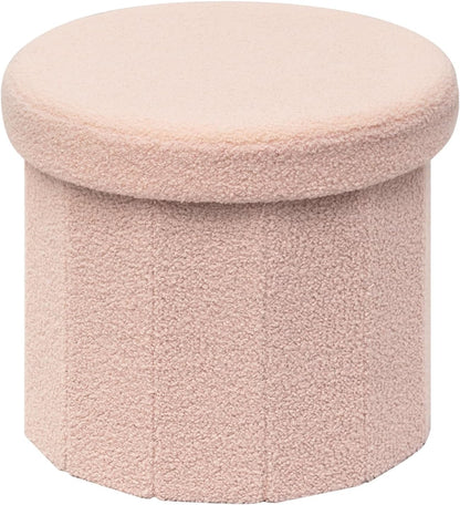 B FSOBEIIALEO Storage Ottoman Cube, Round Ottomans with Storage Foot Stool Footrest for Lving Room, Boucle Ottoman Seat for Dorm Room,Faux Teddy Fur, Pink 15"x15"x15"