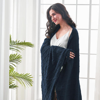 inhand Knitted Throw Blankets for Couch and Bed, Soft Cozy Knit Blanket with Tassel, Dark Blue Lightweight Decorative Blankets and Throws, Farmhouse Warm Woven Blanket for Men and Women, 60"x80"