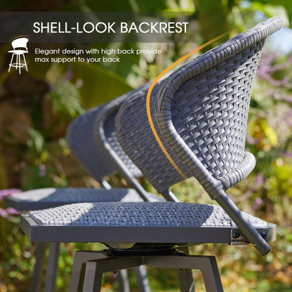VICLLAX Patio Bar Stool Chairs with Footrests and Padded Seat, Bar Height Swivel Patio Chairs Set of 6, Woven Wicker Swivel Bar Stools for Lawn Garden, Grey