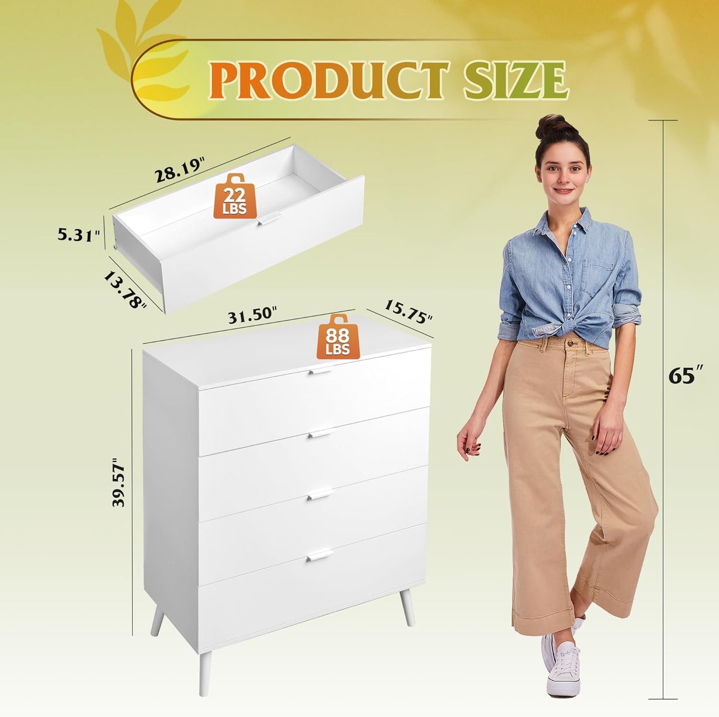 WLIVE 4 Drawer Dresser for Bedroom, Tall Wood Dresser, Modern White Dressers with Sturdy Metal Handle, Small Chest of Drawers for Living Room, Hallway