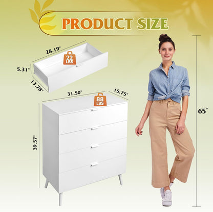 WLIVE 4 Drawer Dresser for Bedroom, Tall Wood Dresser, Modern White Dressers with Sturdy Metal Handle, Small Chest of Drawers for Living Room, Hallway