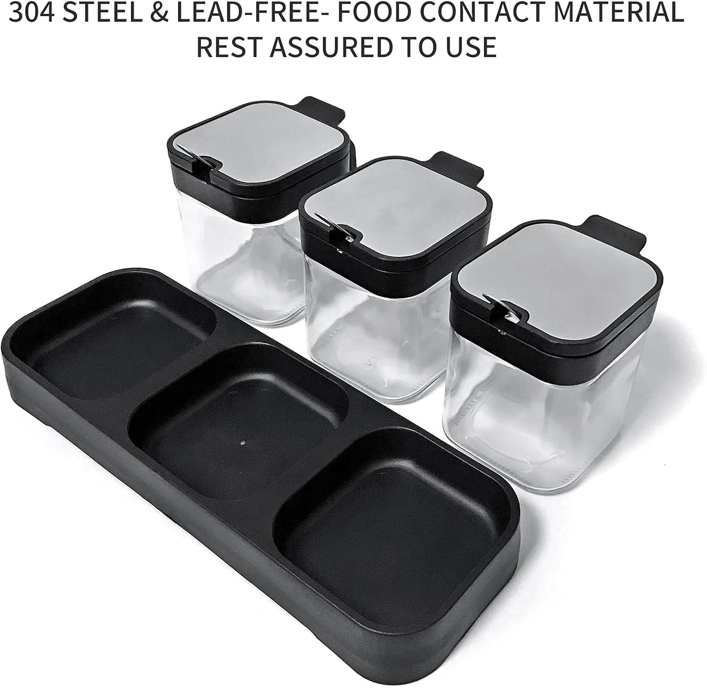 XIUDI Glass Spice Jars(3 piecesset)，Seasoning Containers with 304 Stainless Steel Lids and Spoons，Clear Glass Condiment Canisters Pots Seasoning Box Salt Container Sugar Bowl，for Kitchen,