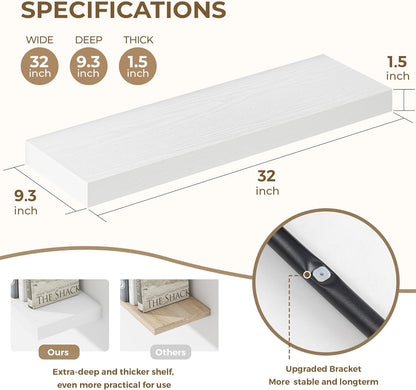 Dreamland 32 Inches Floating Shelves for Wall, 9.3" Deep Long Floating Shelves Set of 2, Large Display & Storage Shelf, Wall Shelf for Bathroom Bedroom Living Room Kitchen Office, White