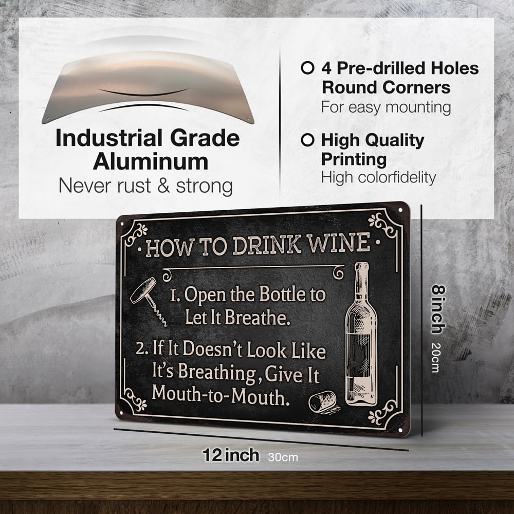 Heuhuww Funny Wine Bar Metal Sign-How To Drink Wine Wall Decor for Farmhouse Bar Station Wine Themed Gifts 8"x12"(H29)