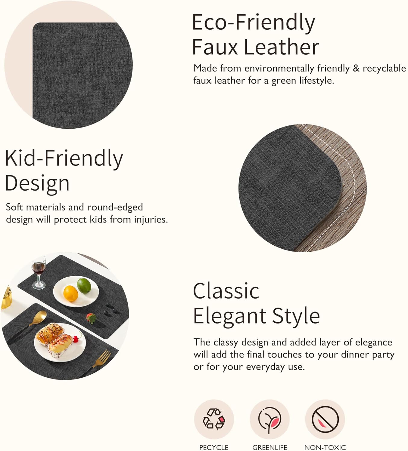 Maxpearl Faux Leather Placemats Set of 6 - Waterproof - Wipe Clean - Heat Resistant - Anti Slip Dining Table Place Mats, Suitable for Indoor & Outdoor Use, 17’’×12’’, Black