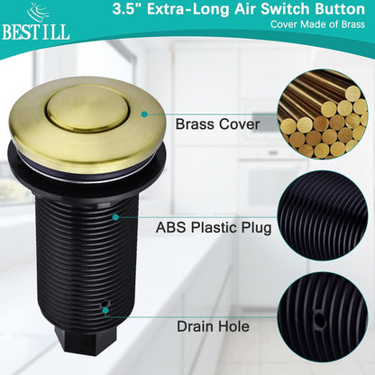 BESTILL Garbage Disposal Air Switch Kit - UL Listed, Cordless Sink Top Switch Button for Waste Disposer, 3.6" Long Push Button with Brass Cover, Brushed Gold, Compatible with all Garbage Disposals