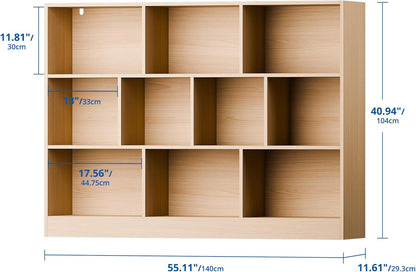 Cozy Castle Oak Bookshelf, 3-Tier Open Shelf Bookcase, 10 Cube Storage Organizer with Anti-Tilt Device for Bedroom, Living Room, 55.11" W x 11.61“D x 40.94“H