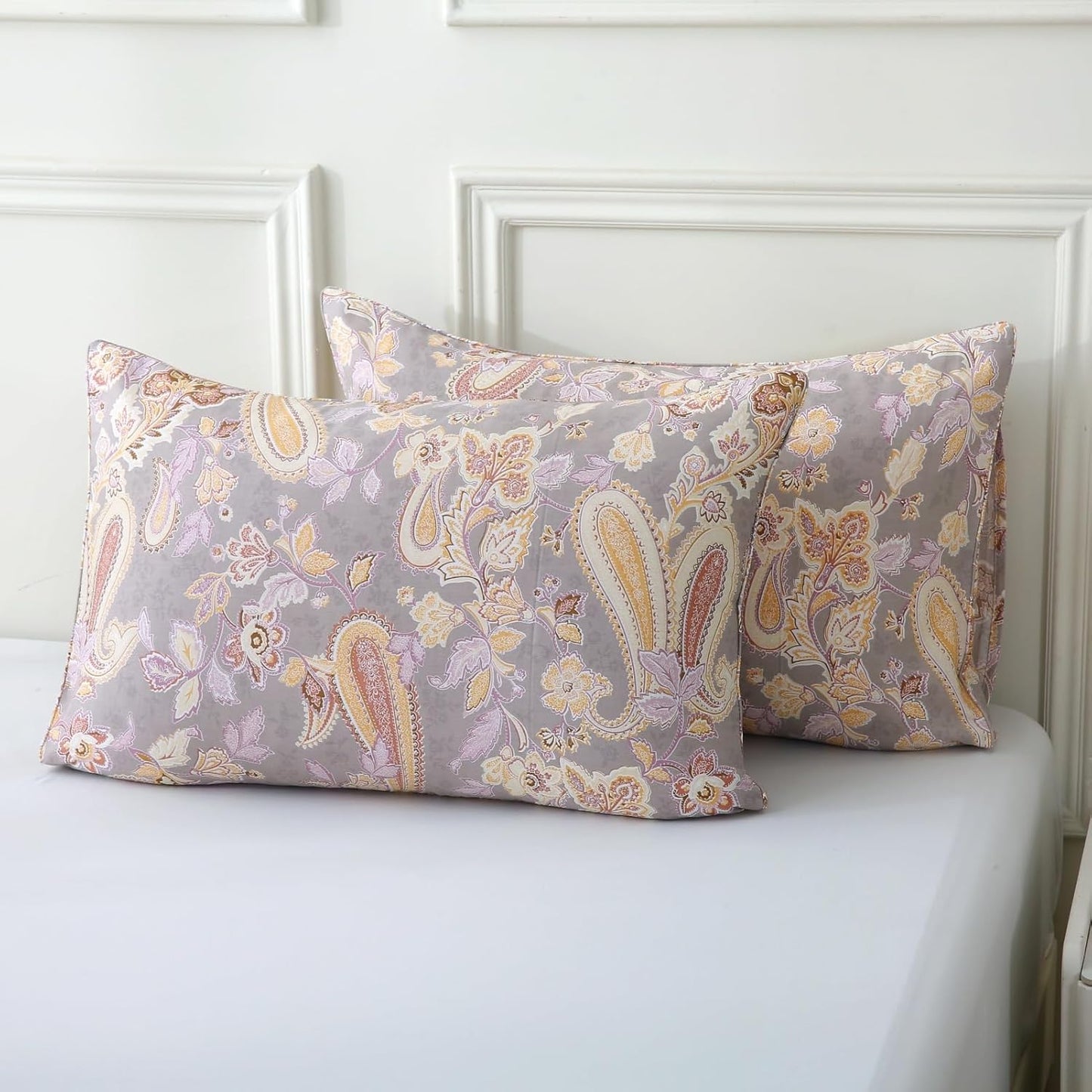 ABREEZE Paisley Bedding Sets 3Pcs Brushed Cotton Duvet Cover Set King Size Rustic Damask Gold Floral Comforter Cover with Zipper Closure Boho Bedding Collections