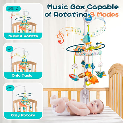 Jollybaby Nursery Baby Automatic Rotating Dinosaur Crib Mobile with Music Box & Arm, Montessori Sensory Musical Hanging Toy for Bassinet, Newborn Clip on Crib Mobile Soother Toy Gift, Polyester