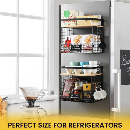 [WIDER Shelf]1 SET Strong Magnetic Shelf Basket for Fridge with Tag & Bamboo Top, XXL Large Magnetic Spice Rack Shelves for Side of Refrigerator, Kitchen Pantry Storage Organizer for Food Fruit Veg