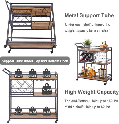 FATORRI Bar Cart for The Home, Rolling Wine Carts on Wheels with 3 Tier Wood Shelves, Liquor Beverage Cart with Wine Rack and Glass Holder (Rustic Oak)