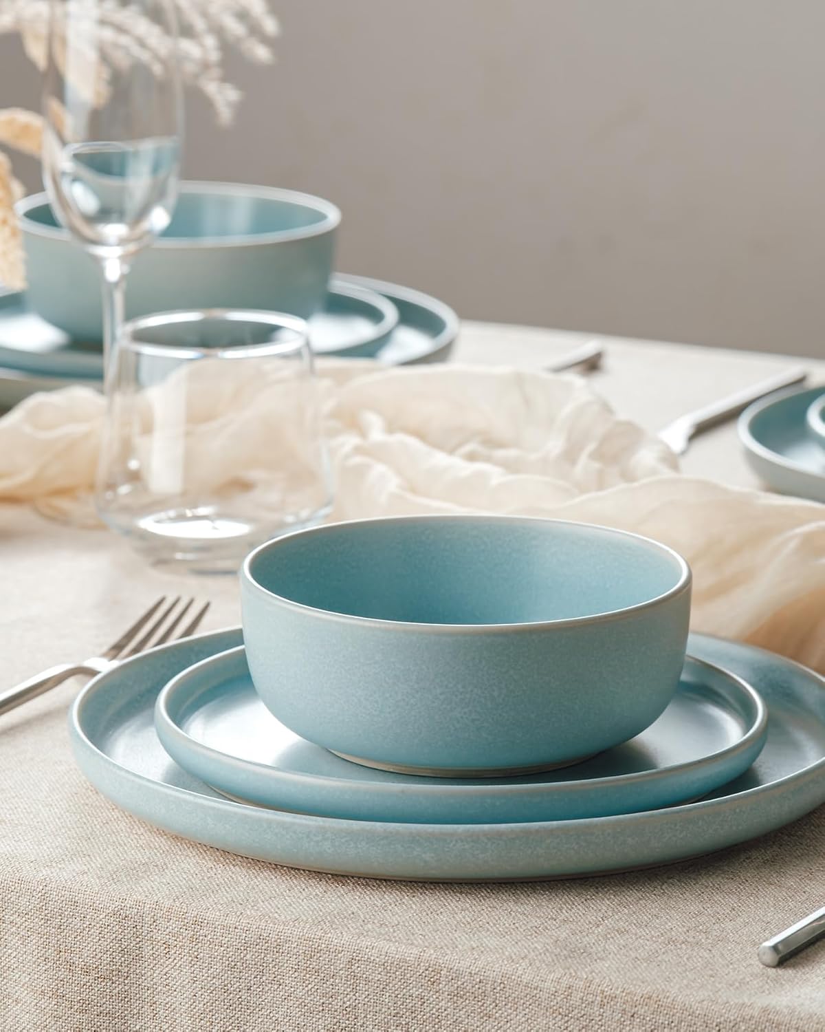 Famiware Milkyway Plates and Bowls Sets, 12 Pieces Dinnerware Sets, Reactive Glaze Dish Set, Stoneware Dishes Set for 4, Light Blue