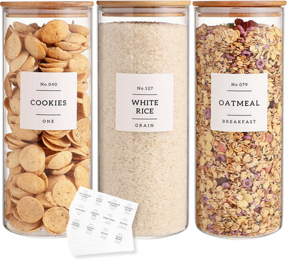 3 Pack Glass Jar with Airtight Bamboo Lid and White 132 Kichen Pantry Labels Preprinted - 56 Oz Clear Tall Glass Food Storage Containers set For Pasta Flour Cookie Rice