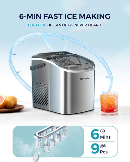 EUHOMY Countertop Ice Maker Machine with Handle, 26lbs Per Day, 9 Ice Cubes Ready in 6 Mins, Auto-Cleaning Portable Ice Maker with Basket and Scoop, for Home/Kitchen/Camping/RV (Silver)