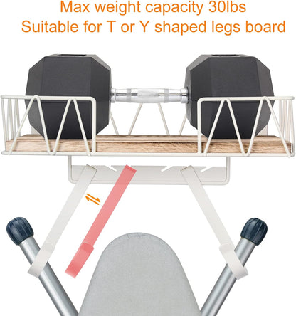 TJ.MOREE Ironing Board Hanger Wall Mount - Laundry Room Decor Iron and Ironing Board Holder with Large Storage Wooden Base Basket and Removable Hooks(T&V Shaped) Cream