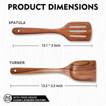 Wooden Spatulas for Cooking Non-Stick Kitchen Pan Toolset 2 PCS Set, Natural Teak Kitchen Utensils,Smooth Finish Utensils Fried Spatula,Turner Non-Stick Wooden Cooking Utensils