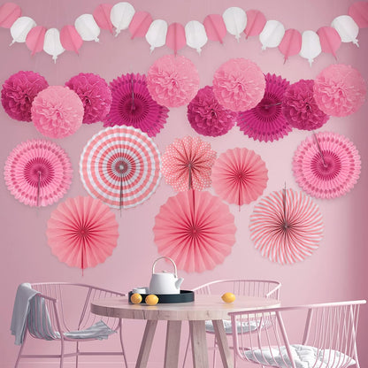 Party Decorations, Pink Papar Fans Pompoms Garlands for Women Girls Mothers Day Bachelorette Wedding Birthday Baby Showers Valentine's Day Party Decorations