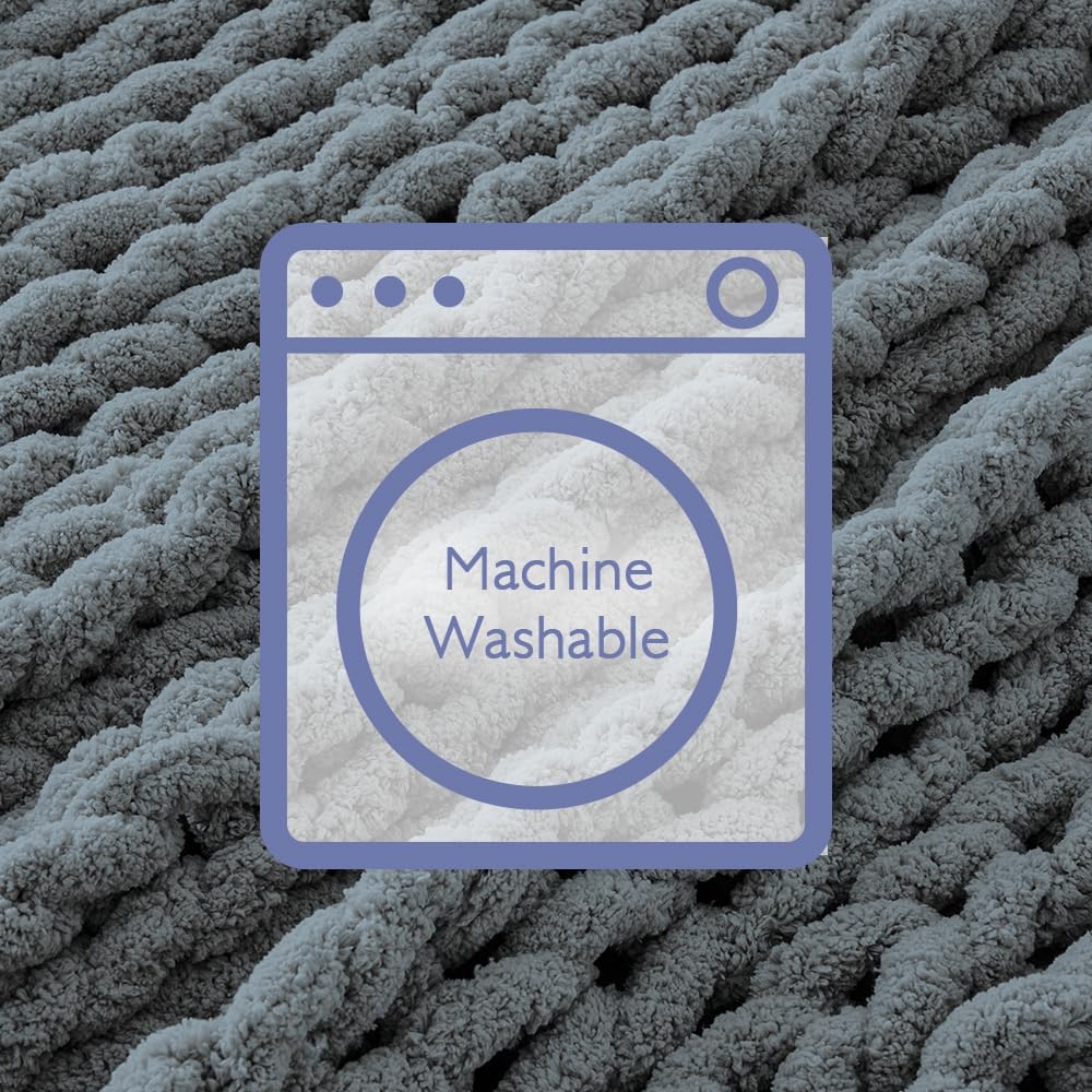 Bigacogo Chunky Knit Throw Blanket for Couch, 40x40 inches, 100% Hand Knitted with Thick Jumbo Chenille Yarn, Cozy Soft Large Rope Knot Cable Crochet Blankets for Sofa Bed Living Room, Iron Gray