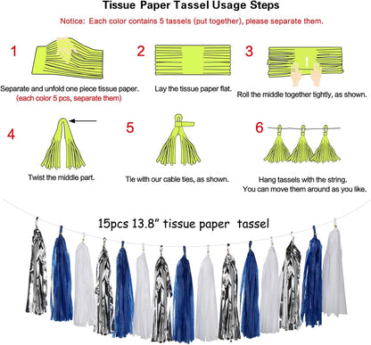 Navy-Blue White-Silver Tassel Garland Streamers - 15pcs Party Decorations Tissue Paper Tassels Banner,Graduation 2025 Wedding Baby Bridal Shower Hanging Decoration Boy Birthday Backdrop Decor Panduola