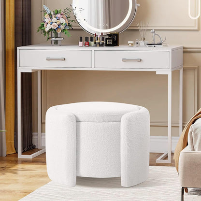 Furniliving Upholstered Button Tufted Round Ottoman, Ottoman with Storage, Teddy Footrest Stool, Removable Lid Convenient Footstools, Bedroom Ottomans with Storage for Vanity, Living Room, White
