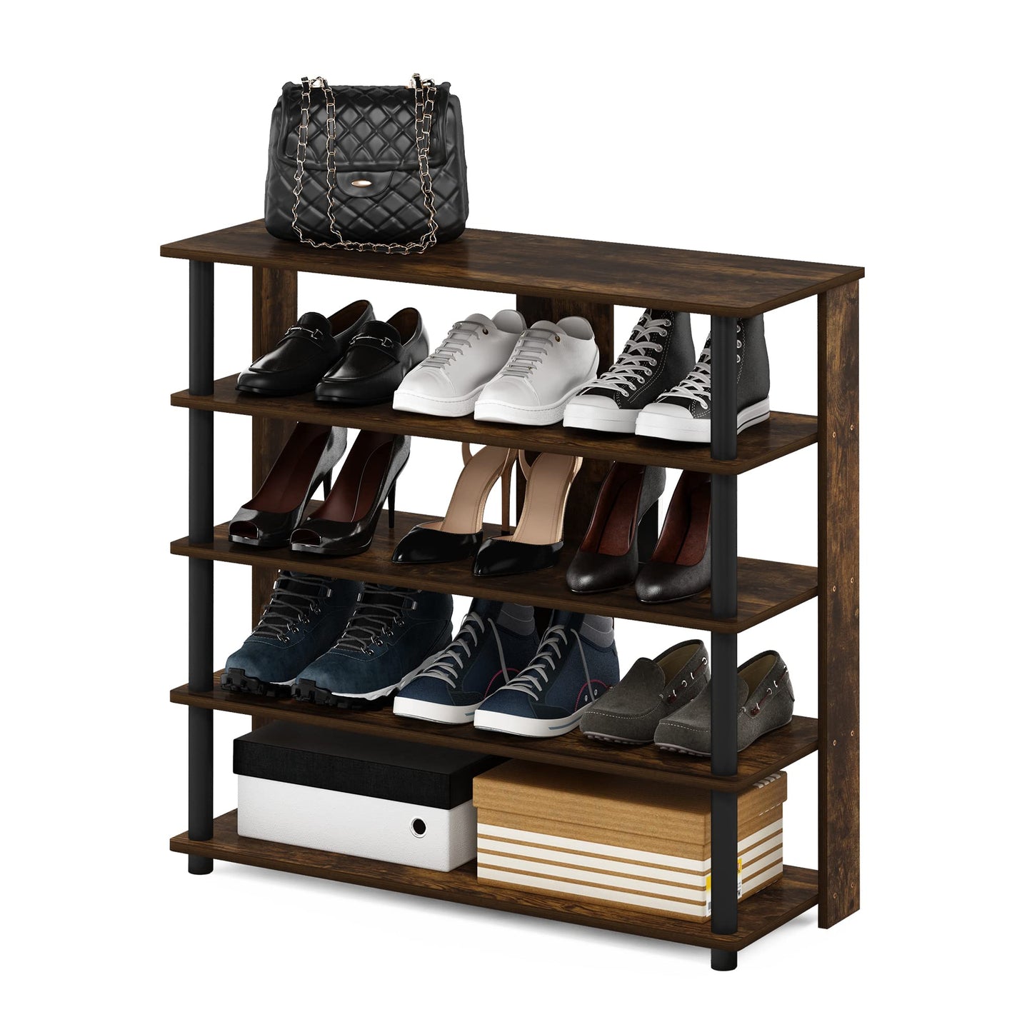 Furinno Turn-N-Tube 5 Tier Wide Shoe Rack, Amber Pine/Black