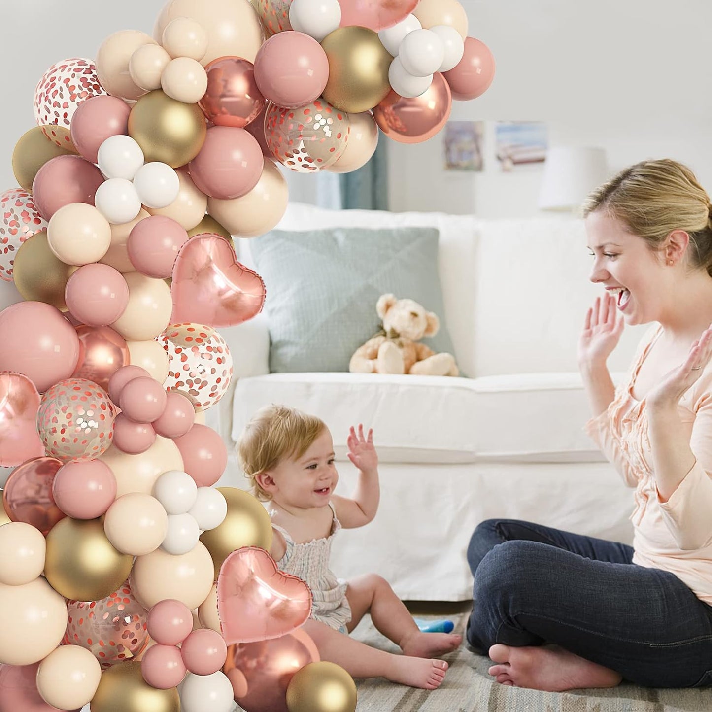 Amandir 153Pcs Boho Blush Balloon Garland Arch Kit, Double-Stuffed Nude Cream Peach Dusty Rose Pink Gold Confetti Metallic Balloon for Baby Shower Birthday Party Wedding Decorations