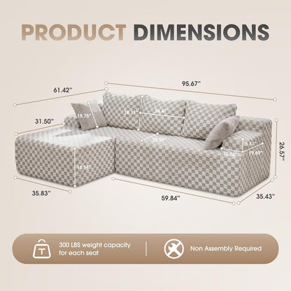 Hobestluk 96“ Modular Sectional Sofa Couches L-Shape Couch 3 Seat Modular Sofa Sectional Couches for Living Room, Cloud Couch with Oversized Chaise (Greygreen, Checked (Left Facing Chaise))