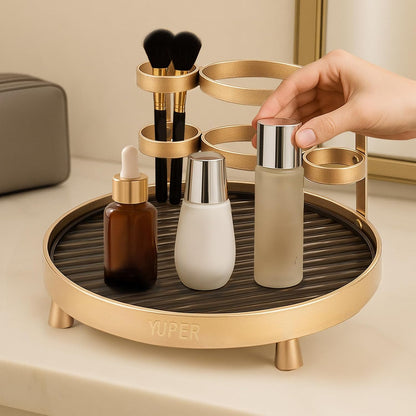 YUPER Bathroom Counter Organizer, Round Bathroom Organizers and Storage with Toothbrush Holder, Makeup Storage Vanity Tray Perfume Organizer, Bedroom Corner Counter Storage Sink Shelf Gold