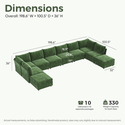 198.6" Oversized Modular Sectional Sofa, U Shaped Convertible Couch with Movable Ottoman, Large 10 Seats Corner Couches for Living Room Deep Seat Green Chenille