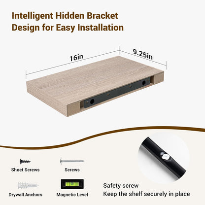 16 Inch Floating Shelves, 3D Textured Wood Grain, 16"x9.25"x1.5" Inch Deep Floating Shelves for Wall, Wooden Shelves for Bathroom, Bedroom, Living Room, Vintage White Oak