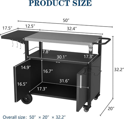 JY QAQA Outdoor Grill Cart with Storage,Patio Kitchen Island Outdoor Grill Table with Wheels,BBQ Cart Movable Pizza Oven Table Stand, Storage Cabinet, Foldable Tabletop, Black