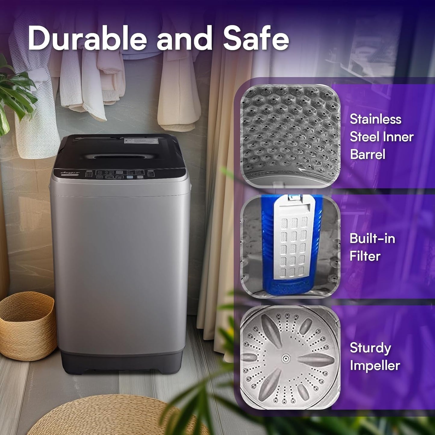 Portable Washing Machines 17.8LBS Full Automatic Clothes Washer and Spinner Combo with 10 Programs and 8 Water Levels, Compact Laundry Wash Spin Dryer for Apartment RV Dorm Home, Grey