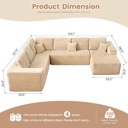 HOOOWOOO Cloud Sectional Couches for Living Room,Modular Sectional Sofa No Assembly,133X108 Inch Plush Corduroy Large U Shaped Floor Couch Set with Deep Seat Right Chaise(Beige)