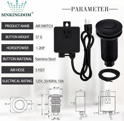 Garbage Disposal SinkTop Air Switch Kit with Long Button,Brass Made Cover,UL,Matte Black