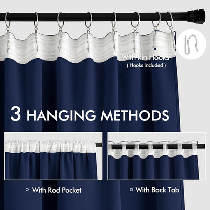 MIULEE Navy Blue Back Tab Blackout Curtains 63 Inch Length 2 Panels Set for Living Room Bedroom Privacy, Rod Pocket/Pinch Pleat Thermal Insulated Room Darkening Pleated Light Blocking Drapes