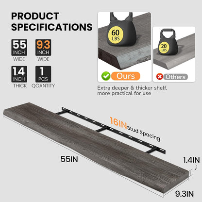 Floating Shelves for Wall, 55"x9.3" Rustic Solid Live-Edge Elm Wood Wall Shelves, Heavy-Duty Floating Shelves with Invisible Brackets, Set of 2 for Living Room, Bedroom, and Kitchen, Grey Finish