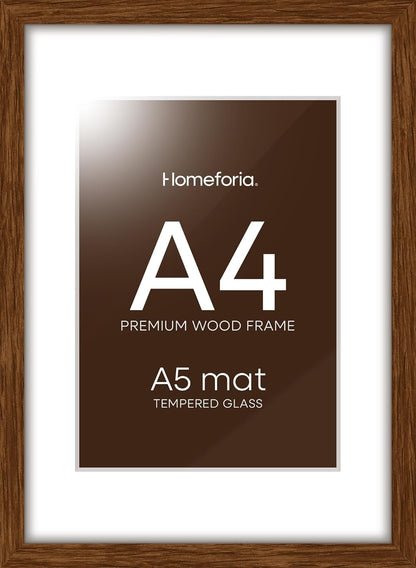 Homeforia A4 Picture Frame Brown Wood, High-End Dark Oak 8.3 x 11.7 Poster Walnut Frames Matted to 5.8 by 8.3 inch Photo, A4 Size Wooden Frame with Mat for A5 Print, Tempered Glass, Wall Kit, Set of 1
