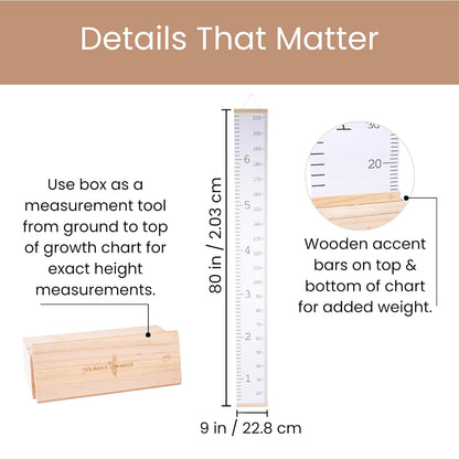 Growth Chart for Wall | Kids Height Chart Canvas Ruler with Wooden Storage Box | Waterproof Measuring Chart | Nursery Decor & Baby Shower Gift