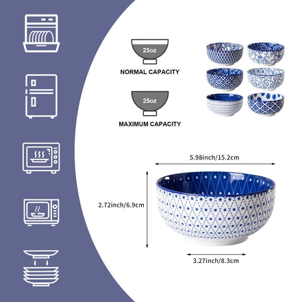 Ceramic Soup Bowls Set - 23 Oz Deep Cereal Bowl for kitchen - 6 Inch Porcelain Salad Bowl for Pasta, Dessert, Ramen - Microwave Dishwasher Safe - Set of 6 - Vintage Blue